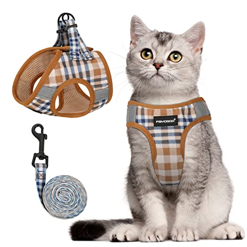 Katzengeschirr und Leine, Set zum Gehen, ausbruchsicher, verstellbar, leicht zu kontrollieren, Geschirr für mittelgroße und große kleine Katzen mit reflektierenden Streifen, Braun, S Katzengeschirr und Leine, Set zum Gehen, ausbruchsicher, verstellbar, leicht zu kontrollieren, Geschirr für mittelgroße und große kleine Katzen mit reflektierenden Streifen, Braun, S von FAYOGOO