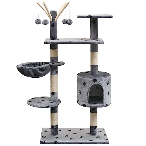 Katzenbaum mit Sisal-Kratzbaum – 125 cm – Pfotenabdrücke – Grau – Katzenbaum – Baum – Klettergerüst mit Mehreren Ebenen – Katzen-Aktivitätszentrum für den Innenbereich – Typ 1 – Haustiere & von FBHappiness
