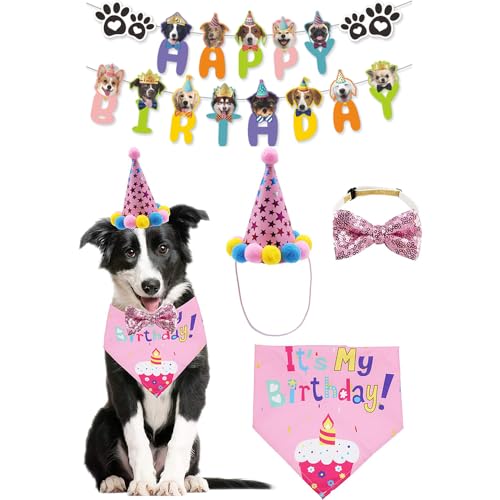 FDEETY Geburtstag Sparty Set für Hunde Hunde-Fliege Hund Happy Birthday Banner Hunde Geburtstags Outfit und Party Dekoration（Rosa） von FDEETY