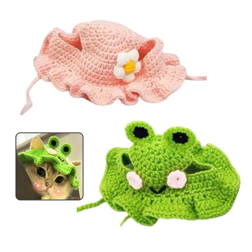 FDGGT 2 Stück Gestrickte Haustierhauben, Froschförmige Haustiermützen, Niedliche Haustierhauben, Haustier-Verkleidungszubehör FDGGT 2 Stück Gestrickte Haustierhauben, Froschförmige Haustiermützen, Niedliche Haustierhauben, Haustier-Verkleidungszubehör von FDGGT