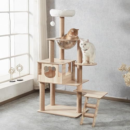 Katzenbaum, 139,7 cm, moderner Katzenturm mit Katzenhütte, Holz-Klo mit großem transparentem Raumkapsel-Top-Sitzstange für große/dicke Katzen von FDSGEEE