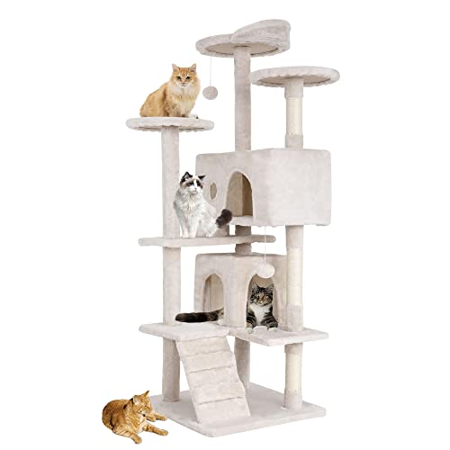 FDW Kratzbaum, Höhe 139 cm, Spielturm für Katzen, mit 2 Höhlen, 3 Plattformen, 2 Kugeln aus Sisal, Kletterbaum, mehrere Ebenen, ideal für 3-4 Katzen, Beige FDW Kratzbaum, Höhe 139 cm, Spielturm für Katzen, mit 2 Höhlen, 3 Plattformen, 2 Kugeln aus Sisal, Kletterbaum, mehrere Ebenen, ideal für 3-4 Katzen, Beige von FDW