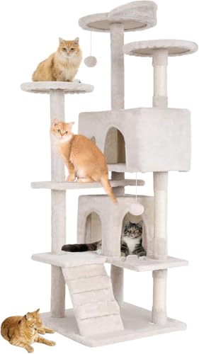FDW Kratzbaum, Höhe 139 cm, Spielturm für Katzen, mit 2 Höhlen, 3 Plattformen, 2 Kugeln aus Sisal, Kletterbaum, mehrere Ebenen, ideal für 3-4 Katzen, Grau / Beige FDW Kratzbaum, Höhe 139 cm, Spielturm für Katzen, mit 2 Höhlen, 3 Plattformen, 2 Kugeln aus Sisal, Kletterbaum, mehrere Ebenen, ideal für 3-4 Katzen, Grau / Beige von FDW