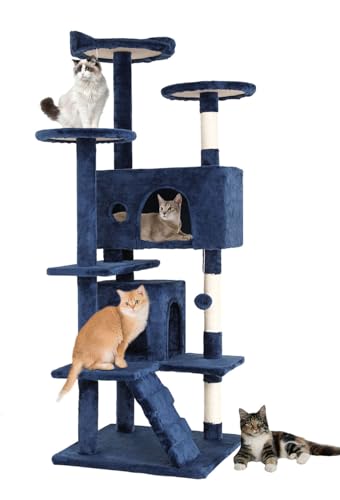 FDW Kratzbaum, Höhe 139 cm, Spielturm für Katzen, mit 2 Höhlen, 3 Plattformen, 2 Kugeln aus Sisal, Kletterbaum, mehrere Ebenen, ideal für 3-4 Katzen, Grau / Marineblau FDW Kratzbaum, Höhe 139 cm, Spielturm für Katzen, mit 2 Höhlen, 3 Plattformen, 2 Kugeln aus Sisal, Kletterbaum, mehrere Ebenen, ideal für 3-4 Katzen, Grau / Marineblau von FDW