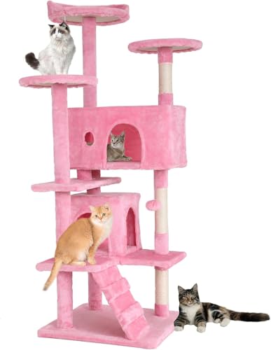 FDW Kratzbaum, Höhe 139 cm, Spielturm für Katzen, mit 2 Höhlen, 3 Plattformen, 2 Kugeln aus Sisal, Kletterbaum, mehrere Ebenen, ideal für 3-4 Katzen, Grau / Rosa FDW Kratzbaum, Höhe 139 cm, Spielturm für Katzen, mit 2 Höhlen, 3 Plattformen, 2 Kugeln aus Sisal, Kletterbaum, mehrere Ebenen, ideal für 3-4 Katzen, Grau / Rosa von FDW