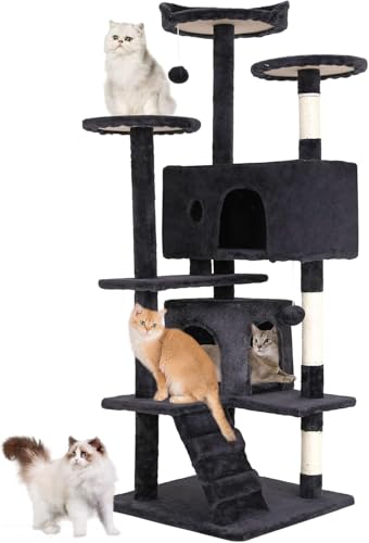 FDW Kratzbaum, Höhe 139 cm, Spielturm für Katzen, mit 2 Höhlen, 3 Plattformen, 2 Kugeln aus Sisal, Kletterbaum, mehrere Ebenen, ideal für 3-4 Katzen, dunkelgrau FDW Kratzbaum, Höhe 139 cm, Spielturm für Katzen, mit 2 Höhlen, 3 Plattformen, 2 Kugeln aus Sisal, Kletterbaum, mehrere Ebenen, ideal für 3-4 Katzen, dunkelgrau von FDW