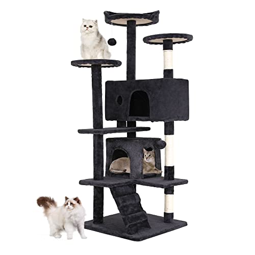 FDW Kratzbaum, Höhe 139 cm, Spielturm für Katzen, mit 2 Höhlen, 3 Plattformen, 2 Kugeln aus Sisal, Kletterbaum, mehrere Ebenen, ideal für 3-4 Katzen, dunkelgrau FDW Kratzbaum, Höhe 139 cm, Spielturm für Katzen, mit 2 Höhlen, 3 Plattformen, 2 Kugeln aus Sisal, Kletterbaum, mehrere Ebenen, ideal für 3-4 Katzen, dunkelgrau von FDW