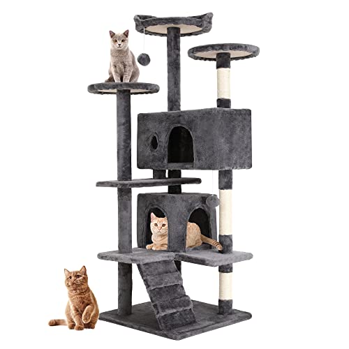 FDW Kratzbaum, Höhe 139 cm, Spielturm für Katzen, mit 2 Höhlen, 3 Plattformen, 2 Kugeln aus Sisal, Kletterbaum, mehrere Ebenen, ideal für 3-4 Katzen, hellgrau FDW Kratzbaum, Höhe 139 cm, Spielturm für Katzen, mit 2 Höhlen, 3 Plattformen, 2 Kugeln aus Sisal, Kletterbaum, mehrere Ebenen, ideal für 3-4 Katzen, hellgrau von FDW
