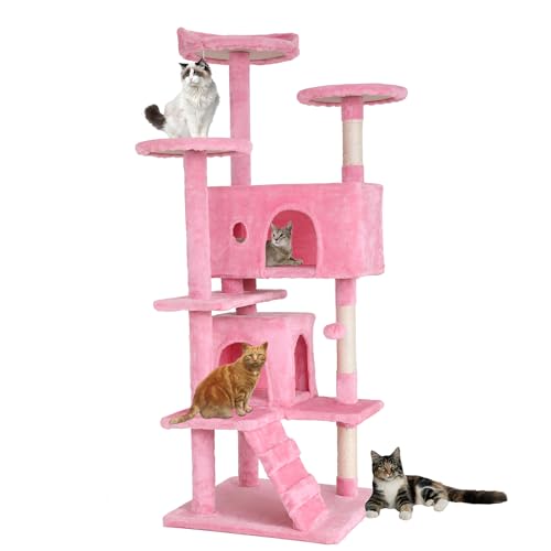 Kratzbaum, Höhe 139 cm, Spielturm für Katzen, mit 2 Höhlen, 3 Plattformen, 2 Kugeln aus Sisal, Kletterbaum, mehrere Ebenen, ideal für 3-4 Katzen, Rosa Kratzbaum, Höhe 139 cm, Spielturm für Katzen, mit 2 Höhlen, 3 Plattformen, 2 Kugeln aus Sisal, Kletterbaum, mehrere Ebenen, ideal für 3-4 Katzen, Rosa von FDW
