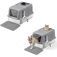 FEANDREA 2er Edelstahl Katzentoilette XL mit Deckel 2 Eingängen grau von FEANDREA