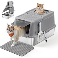 FEANDREA Edelstahl Katzentoilette XL mit Deckel 2 Eingängen grau von FEANDREA