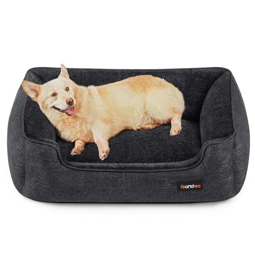 Feandrea Hundebett, Hundekissen in Leinenoptik, Hundekorb, erhöhte Ränder, rutschfeste Unterseite, Bezug abnehmbar waschbar, L, für mittelgroße Hunde, 90 x 75 x 25 cm, dunkelgrau PGW011G01 von Feandrea