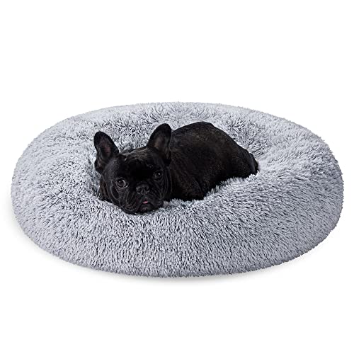 Feandrea Hundebett flauschig, Katzenbett, Donut Kissen, waschbar, Polsterung in der Mitte herausnehmbar, Langer Plüsch, 70 cm Durchmesser, Ombré-Grau PGW039G01 von Feandrea