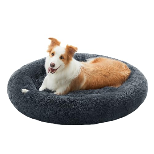 Feandrea Hundebett flauschig, Katzenbett, Donut Kissen, waschbar, Polsterung in der Mitte herausnehmbar, Langer Plüsch, 100 cm Durchmesser, dunkelgrau PGW042G02 von Feandrea