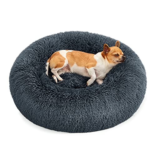 Feandrea Hundebett flauschig, Katzenbett, Donut Kissen, waschbar, Polsterung in der Mitte herausnehmbar, Langer Plüsch, 60 cm Durchmesser, dunkelgrau PGW038G02 von Feandrea