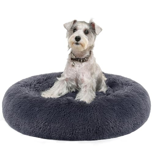 Feandrea Hundebett flauschig, Katzenbett, Donut Kissen, waschbar, Polsterung in der Mitte herausnehmbar, Langer Plüsch, 70 cm Durchmesser, dunkelgrau PGW039G02 von Feandrea