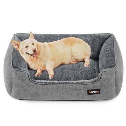 Feandrea Hundebett, Hundekissen in Leinenoptik, Hundekorb, erhöhte Ränder, rutschfeste Unterseite, Bezug abnehmbar waschbar, L, für mittelgroße Hunde, 90 x 75 x 25 cm, hellgrau PGW11GG von Feandrea