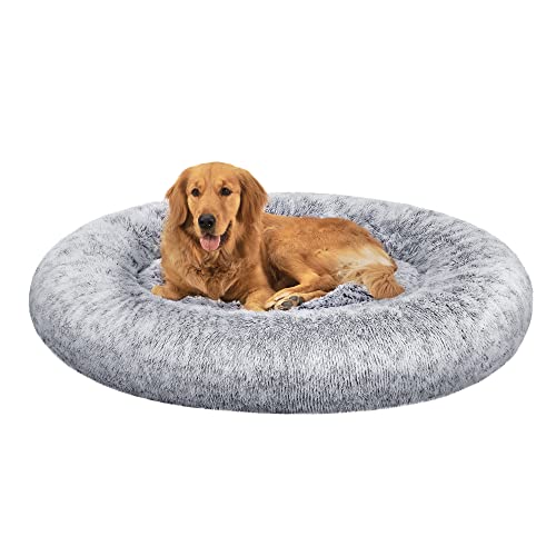 Feandrea Hundebett flauschig, Katzenbett, Donut Kissen, waschbar, Polsterung in der Mitte herausnehmbar, Langer Plüsch, 120 cm Durchmesser, Ombré-Grau PGW043G01 von Feandrea