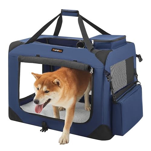 Feandrea Hundebox faltbar, Transportbox Hund, L, Hundetasche, Oxford-Gewebe, Netzstoff, atmungsaktiv tragbar transportabel, Metallrahmen, mit Griffen, Taschen, 70 x 52 x 52 cm, dunkelblau PDC70Z von Feandrea