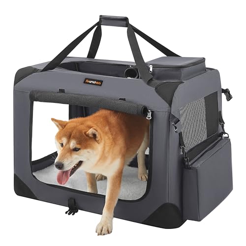 Feandrea Hundebox faltbar, Transportbox Hund, L, Hundetasche, Oxford-Gewebe, Netzstoff, atmungsaktiv tragbar transportabel, Metallrahmen, mit Griffen, Taschen, 70 x 52 x 52 cm, grau PDC70GY von Feandrea