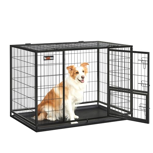 Feandrea Hundekäfig hochbelastbar, Gitterbox, transportabler Haustierkäfig, 107 x 70 x 74,9 cm, für mittelgroße, große Hunde, sicher, 2 abnehmbare Türen, Welpenauslauf, XL, schwarz PPD001B01 von Feandrea