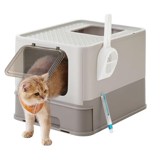 Feandrea Katzenklo, Katzentoilette, mit Deckel, ausziehbares Tablett, Schaufel, Bürste, geräumig für Katzen bis 15 kg, weniger Spuren, auslaufsicherer Boden, haferflockenfarben-warmgrau PPT001G01 von Feandrea