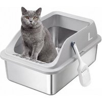 FEANDREA Katzenklo Edelstahl, Offen, Hoher Rand, 26 L, Katzentoilette XXL mit Schaufel hellgrau von FEANDREA