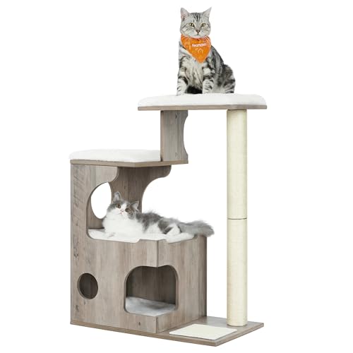 Feandrea Kratzbaum, 86 cm hoher Katzenbaum, Spanplatten-Katzenkratzbaum, mit Höhle, Liegeflächen, Säule und Sisal-Kratzmatte, waschbare Plüschkissen, Greige PCT070G01 von Feandrea
