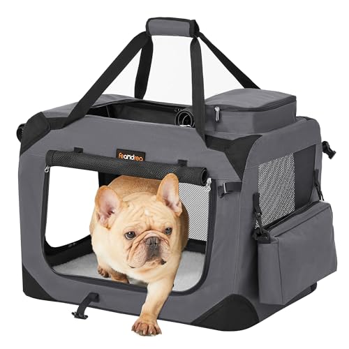 Feandrea Hundebox faltbar, Transportbox Hund, M, Hundetasche, Oxford-Gewebe, Netzstoff, atmungsaktiv tragbar transportabel, Metallrahmen, mit Griffen, Taschen, 60 x 42 x 42 cm, grau PDC60GY von Feandrea