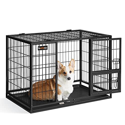 Feandrea Hundekäfig hochbelastbar, Gitterbox, transportabler Haustierkäfig, 92,5 x 57,5 x 64 cm, für kleine, mittelgroße Hunde, sicher, 2 abnehmbare Türen, Welpenauslauf, L, schwarz PPD002B01 von Feandrea