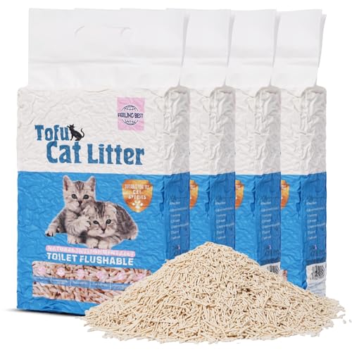 FEELING BEST Tofu Katzenstreu, 10,2 kg (2,5 kg x 4 Beutel), schnell klumpend, staubfrei, 100 % natürliche Rohstoffe, klumpend, spülbar, ultra saugfähig und schnell trocknend, wasserlöslich, wirklich von FEELING BEST