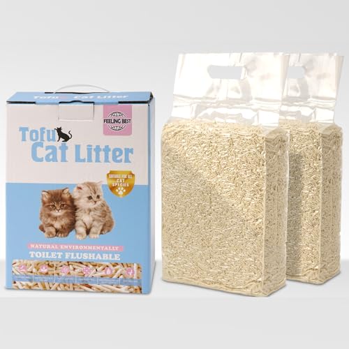 FEELING BEST Tofu Katzenstreu, 5,1 kg (5,6 Pfund x 2 Beutel) klumpend, 100 % lebensmittelechte Rohstoffe, klumpend, spülbar, ultra saugfähig und schnell trocknend, wasserlöslich, wirklich staubfrei, von FEELING BEST