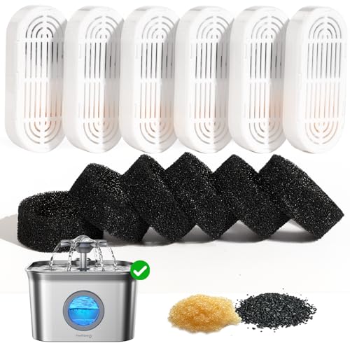 6 Pack Filter & 6 Pack Schwämme Filterersatz für Katzentrinkbrunnen, Katzentrinkbrunnenfilter für 2.8L Edelstahl Katzenbrunnen FN-W22 von FEELNEEDY