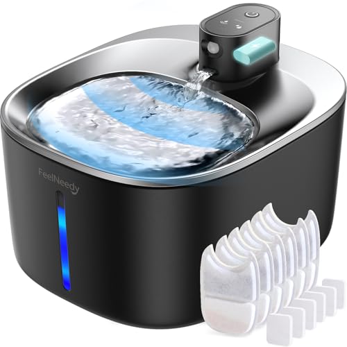Batteriebetriebener Katzentrinkbrunnen Kabellos mit Bewegungsmelder, Trinkbrunnen für Katzen Edelstahl Con Sensor, FEELNEEDY 4L Katzenbrunnen Ohne Strom Leiser mit 6 Filter+ 12 Schwämme-ABS schwarz von FEELNEEDY