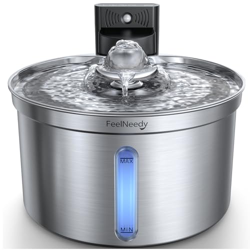 FEELNEEDY [FN-W19] Katzenbrunnen Kabellos mit Sensor für Katzen und Hunde 3,5L, Wasser-und Batterietrennung Trinkbrunnen Edelstahl Mit 4000mAh-Akku, 3 Betriebsmodi, 1 Aktivkohlefilter von FEELNEEDY