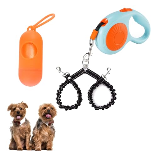 Doppelleine für Spaziergänge mit 2 kleinen Hunden (je bis zu 15 kg), doppelt einziehbar, 3 m ausziehbar, starkes Nylonband, Haustierleine mit Kotbeutel, Einhandbremse, Pause, Schloss (Orange) von FEGCZP