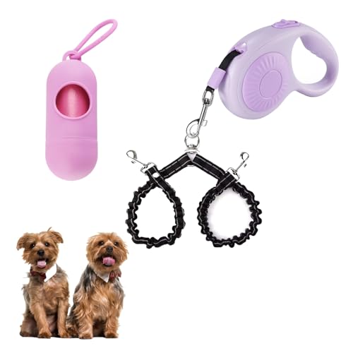 Doppelleine für Spaziergänge mit 2 kleinen Hunden (je bis zu 15 kg), doppelt einziehbar, 3 m ausziehbar, starkes Nylonband, Haustierleine mit Kotbeutel, Einhandbremse, Pause, Schloss (lila) von FEGCZP