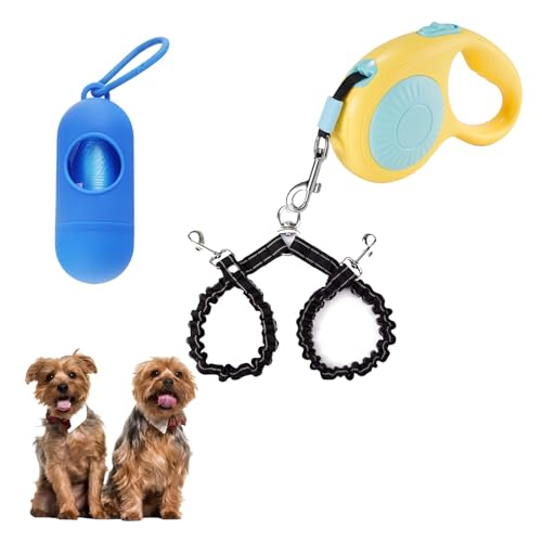 Doppelleine für Spaziergänge mit 2 kleinen Hunden (je bis zu 15 kg), doppelt einziehbar, 3 m ausziehbar, starkes Nylonband, Haustierleine mit Kotbeuteln, Einhandbremse, Pause, Schloss (blau) von FEGCZP