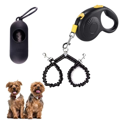 Doppelleine für Spaziergänge mit 2 kleinen Hunden (je bis zu 15 kg), doppelt einziehbar, 3 m ausziehbar, starkes Nylonband, Haustierleine mit Kotbeuteln, Einhandbremse, Pause, Schloss (schwarz) von FEGCZP