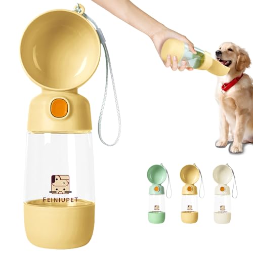 FEINIUPET Hunde-Wasserflasche mit Futterbehälter, 2-in-1 Wasserflasche für Katzen und kleine Hunde, tragbar für Spaziergänge, Wandern, Reisen (Gelb) von FEINIUPET
