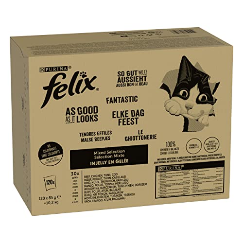 FELIX Katzenfutter nass in Gelee, Sorten-Mix, 120er Pack (120 x 85g) von FELIX