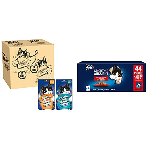 FELIX Knabber Mix Original & Strandspaß, Katzensnack mit verschiedenen Sorten, 2er Pack (2 x 8 Beutel à 60g) & So gut wie es aussieht Katzenfutter nass in Gelee, Sorten-Mix, 44er Pack (44 x 85g) von FELIX