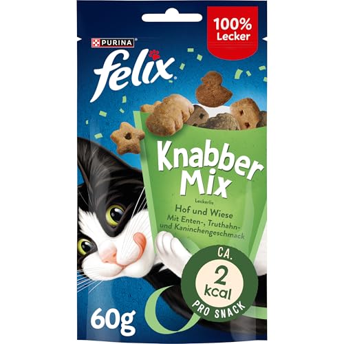 FELIX KnabberMix Hof & Wiese Katzensnack, Knusper-Leckerlie mit 3 Geschmacksrichtungen, 8er Pack (8 x 60g) von Felix