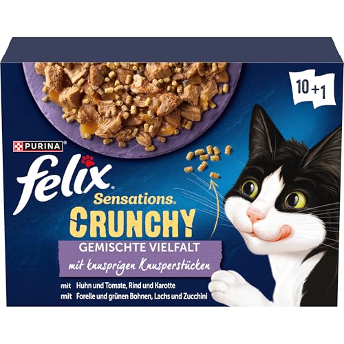 FELIX Sensations Crunchy Katzenfutter nass in Gelee, Sorten-Mix, 6er Pack (6 x 10 Beutel à 85g) von Felix