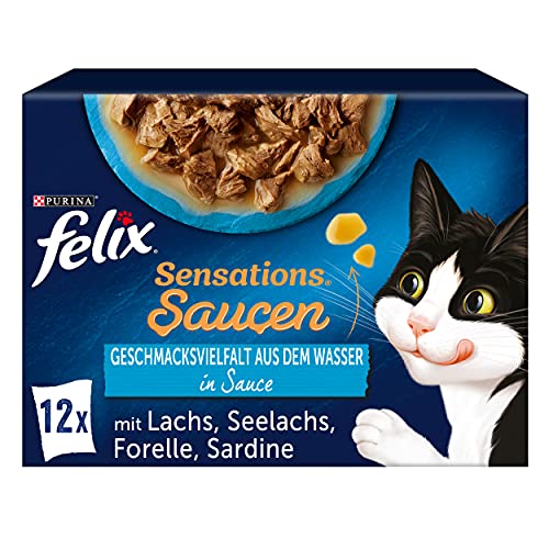 FELIX Sensations Saucen Katzenfutter nass, Fisch Sorten-Mix, 6er Pack (6 x 12 Beutel à 85g) von Felix