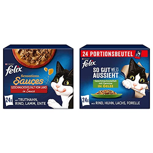 FELIX Sensations Saucen Katzenfutter nass, Sorten-Mix, 4er Pack (4 x 24 Beutel à 85g) & So gut wie es aussieht Katzenfutter nass in Gelee, Sorten-Mix, 4er Pack (4 x 24 Beutel à 85g) von FELIX