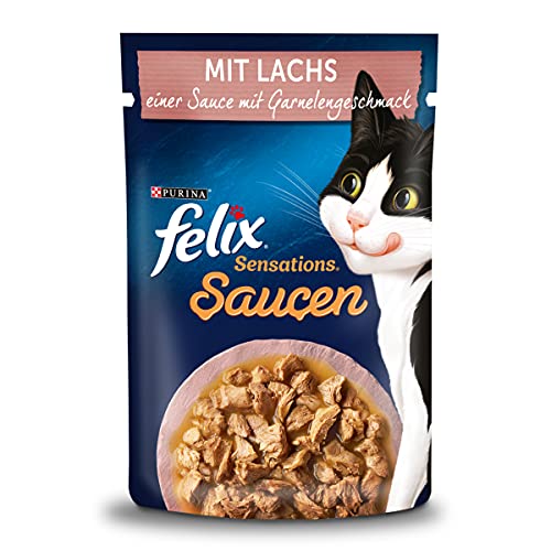 FELIX Sensations Saucen Katzenfutter nass mit Lachs in einer Sauce mit Garnelengeschmack, 26er Pack (26 x 85g) von FELIX