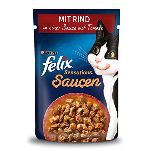 FELIX Sensations Saucen Katzenfutter nass mit Rind in einer Sauce mit Tomaten, 26er Pack (26 x 85g) von FELIX
