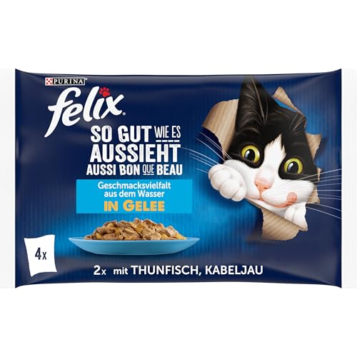 FELIX So gut wie es aussieht Katzenfutter nass in Gelee, mit Thunfisch & Kabeljau, 12er Pack (12 x 4 Beutel à 85g) von FELIX