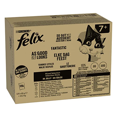 FELIX So gut wie es aussieht Senior Katzenfutter nass in Gelee, Sorten-Mix, 120er Pack (120 x 85g) von FELIX